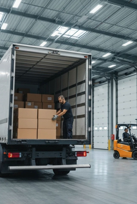 Worker loading boxes in warehouse